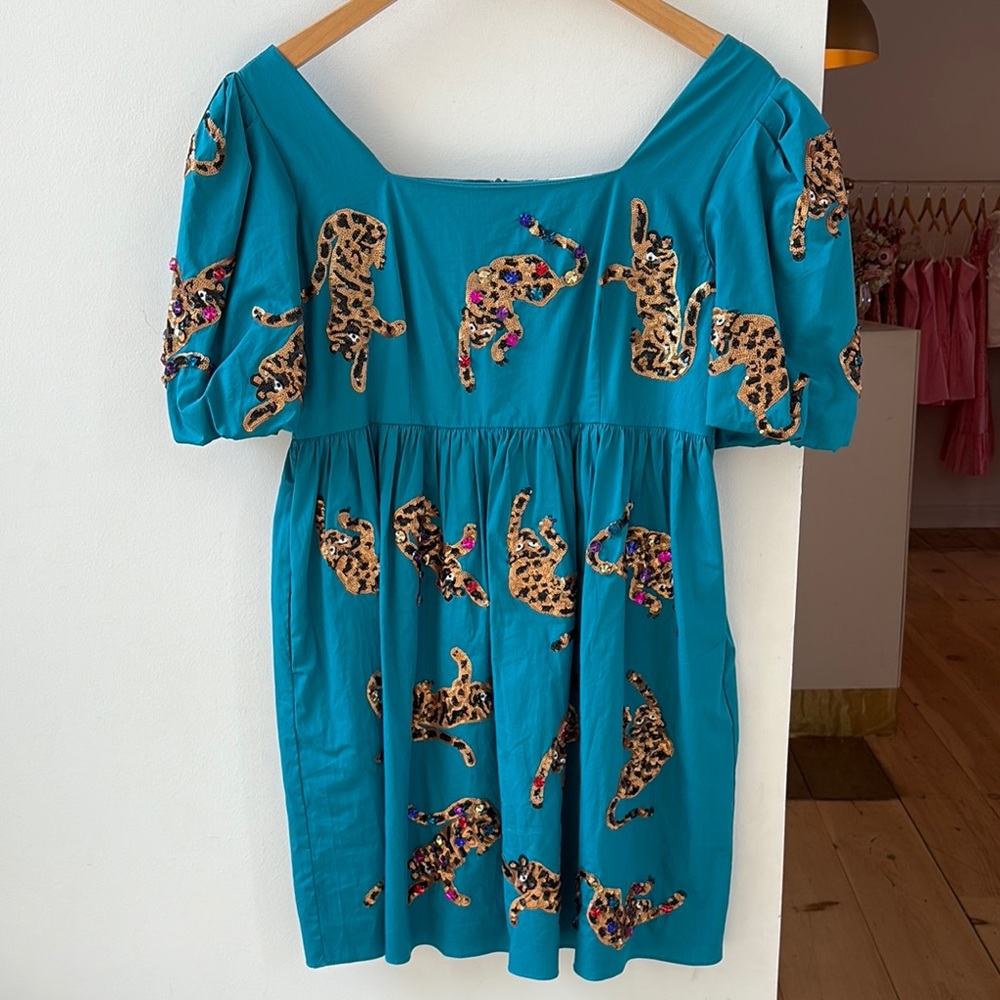 Teal Dress with Leopard Print and Embellishments by Queen of Sparkles
